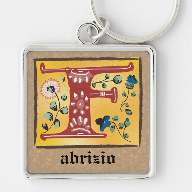 Llavero Floral medieval cuadrada iluminada F Monograma (Frente)