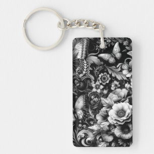 Llavero Floral monocromática antigua con mariposas