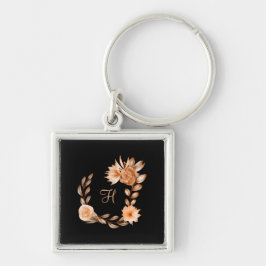 Llavero Floral negro, marrón y melocotón monogramado