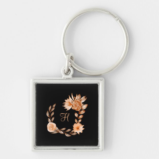 Llavero Floral negro, marrón y melocotón monogramado (Frente)