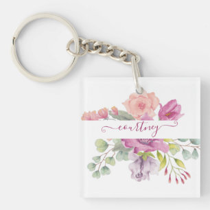 Llavero Floral personalizada acuarela rosa y melocotón