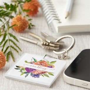 Llavero Floral personalizada con acuarela púrpura y naranj