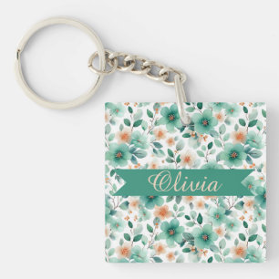 Llavero Floral Personalizada Verde Primavera Vintage