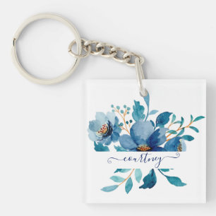 Llavero Floral personalizado acuarela azul brillante 