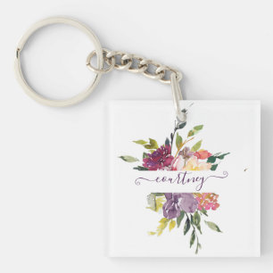 Llavero Floral personalizado con acuarela púrpura y roja