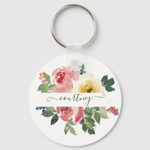 Llavero Floral personalizado con acuarela rosa y amarilla