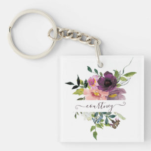 Llavero Floral personalizado con acuarela rosa y morado