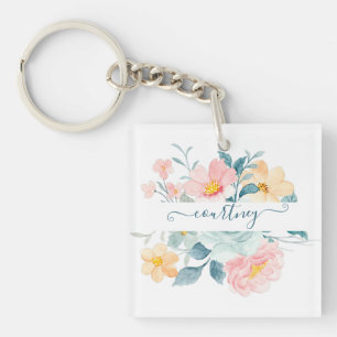 Llavero Floral personalizado con acuarela rosa y naranja