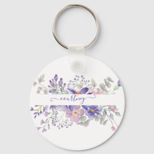 Llavero Floral personalizado con acuarela rosa y púrpura  
