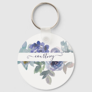 Llavero Floral personalizado de acuarela azul y verde 