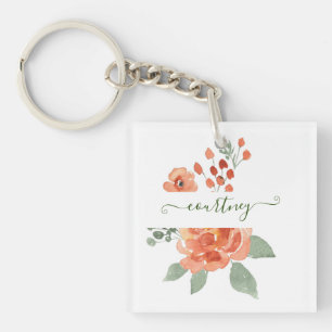 Llavero floral personalizado de acuarela naranja