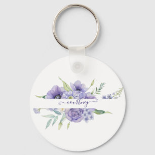 Llavero Floral personalizado de acuarela púrpura