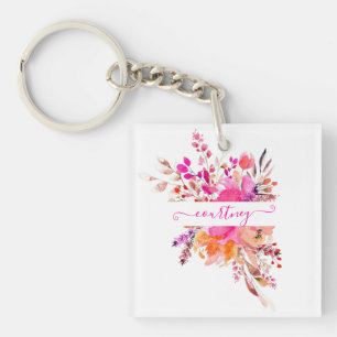 Llavero Floral personalizado de acuarela rosa brillante
