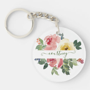 Llavero Floral personalizado de acuarela rosa y amarillo  