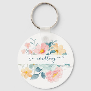 Llavero Floral personalizado de acuarela rosa y naranja