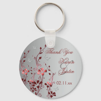 Llavero Floral roja y plateada con cadena de mariposas