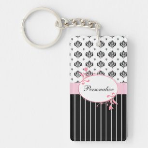 Llavero Floral rosado elegante del damasco blanco y negro