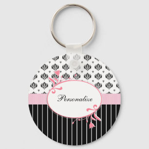 Llavero Floral rosado elegante del damasco blanco y negro