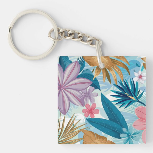 Llavero Floral tropical con hojas exuberantes y flores exó (Frente)
