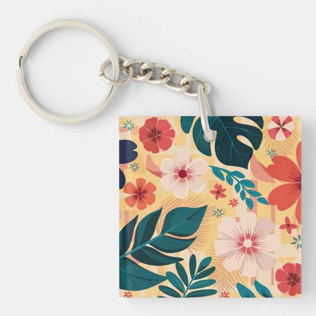 Llavero Floral tropical con hojas y flores audaces (Frente)