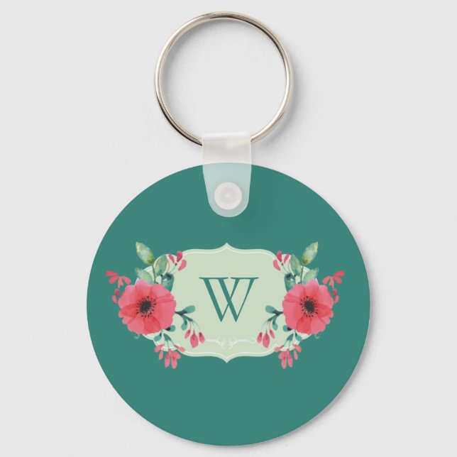 Llavero floral turquesa con flores rosas (Anverso)