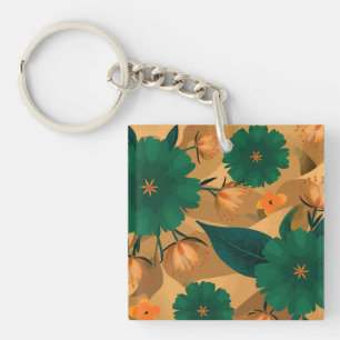 Llavero Florales verdes y naranjas de fondo dorado