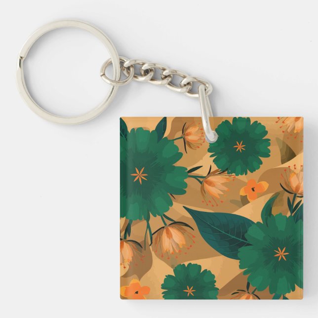 Llavero Florales verdes y naranjas de fondo dorado (Frente)