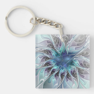 Llavero Florecer Abstracto Moderno Floral Fractal Con Azul