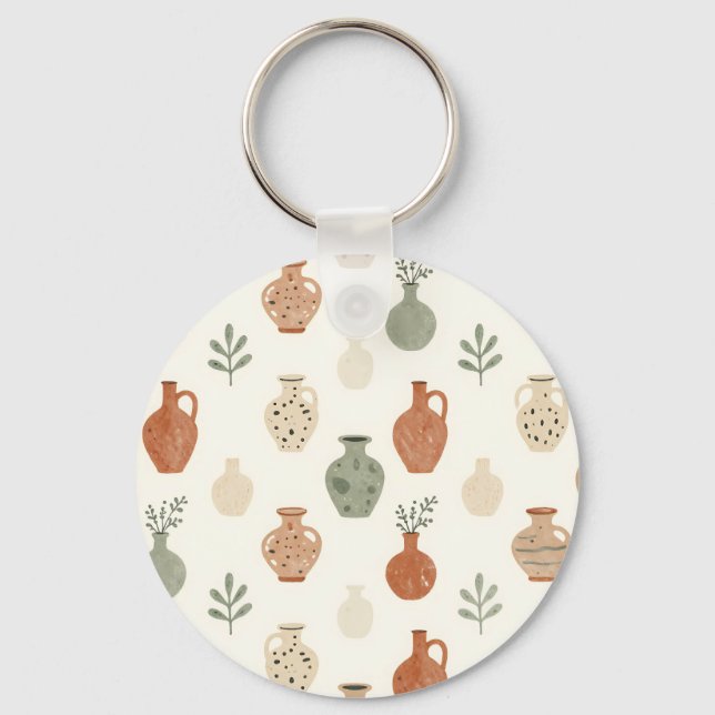 Llavero Floreros de Terracota Boho con Patrón Botánico (Anverso)