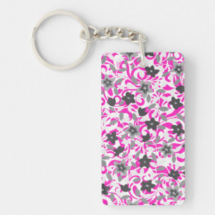Llavero Flores abstractas blancas y grises de color rosa