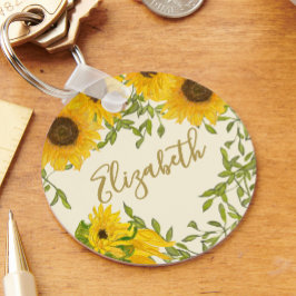 Llavero Flores amarillas Floral nombre personalizado beige