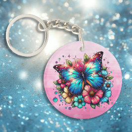 Llavero Flores azules de mariposa y rosa personalizadas