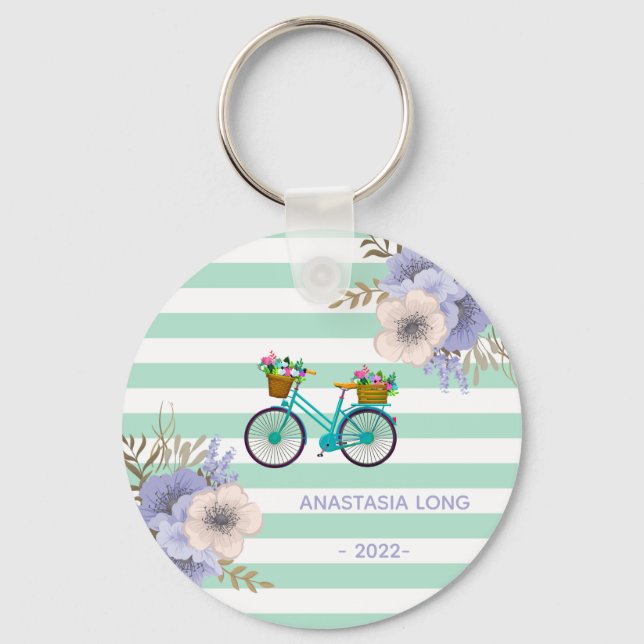 Llavero Flores azules modernas en bicicleta (Anverso)