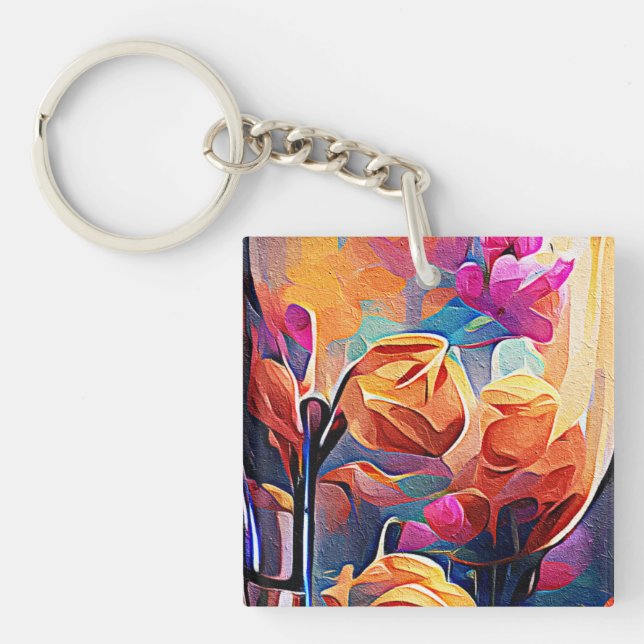 Llavero Flores azules rojas Naranja de arte Abstracto flor (Frente)