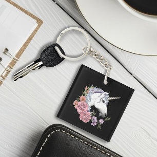 Llavero Flores blancas de unicornio de color rosa negro