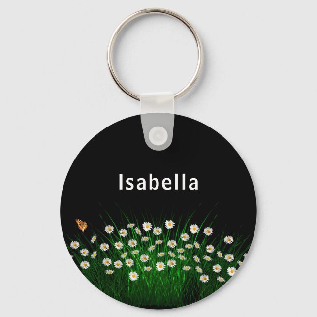 Llavero Flores blancas negras pradera nombre mariposa (Anverso)
