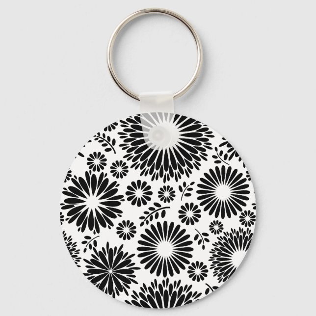 Llavero Flores Boho Patrón floral vectorial negro y blanco (Anverso)