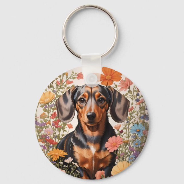 Llavero Flores Cute Brown Dachshund Y Cosmos (Anverso)