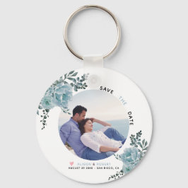 Llavero Flores de acuarela azul turbia, hojas verdes foto