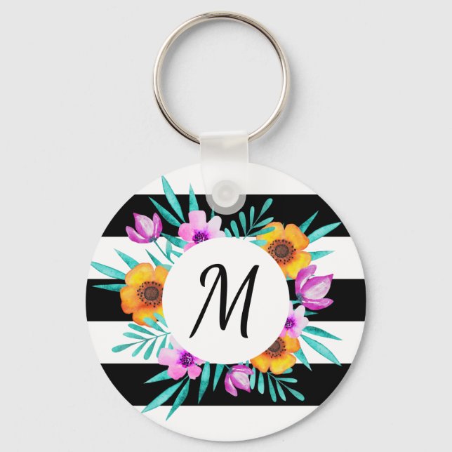 Llavero Flores de acuarela femenina Personalizado Monogram (Anverso)