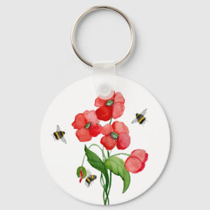 Llavero Flores de adormidera escarlata acuarela y bonitos 