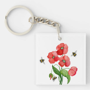 Llavero Flores de adormidera escarlata acuarela y bonitos