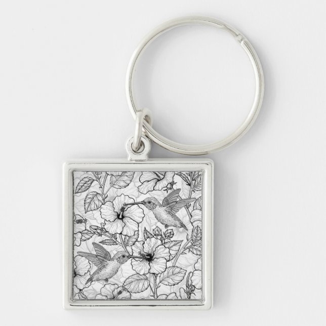 Llavero Flores de colibrí y de hibisco b&p (Frente)