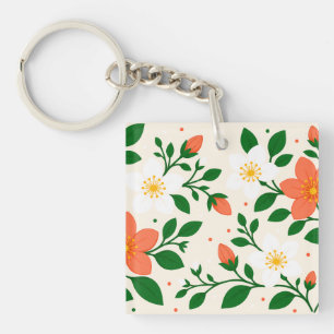 Llavero Flores de Coral y Blanco Elegantes con Follaje Ver