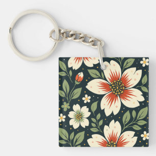 Llavero Flores de crema con centros rojos y hojas verdes