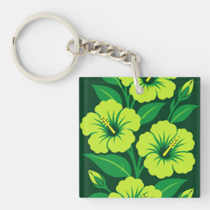 Llavero Flores de Hibisco Verde Lima con Hojas Verdes