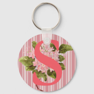 Llavero Flores de Hortensia Rosa Monograma Rayas Femeninas
