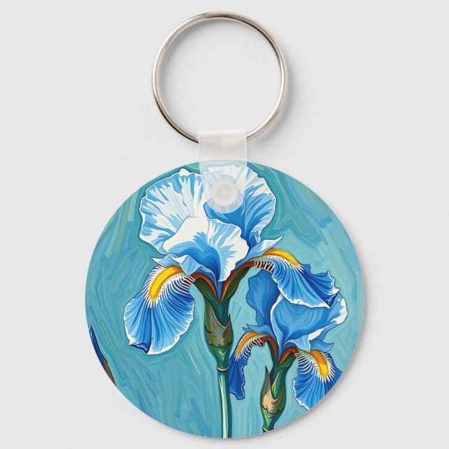 Llavero Flores de Iris Azul Patrón Artístico (Anverso)