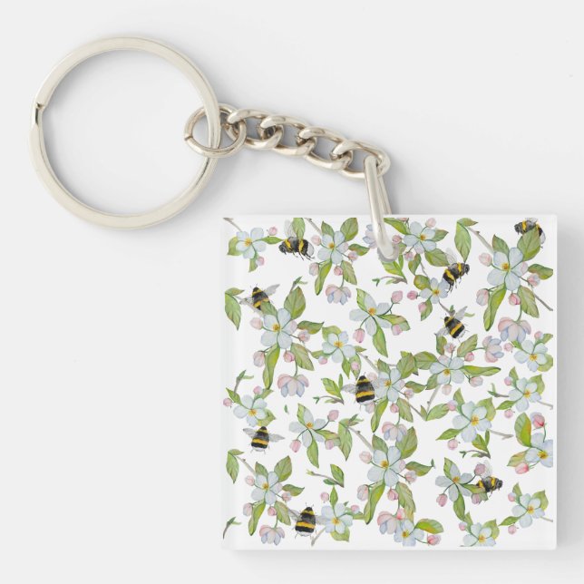 Llavero Flores de jardín de primavera y abejorros (Frente)