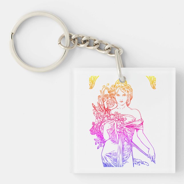 Llavero Flores de mujer de Art Nouveau Alphonse Mucha (Frente)